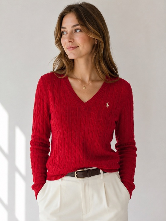 Ralph Lauren Sweaters - Ralph Lauren Cable Knit V-Neck Sweater Red Cotton Pony Logo Small